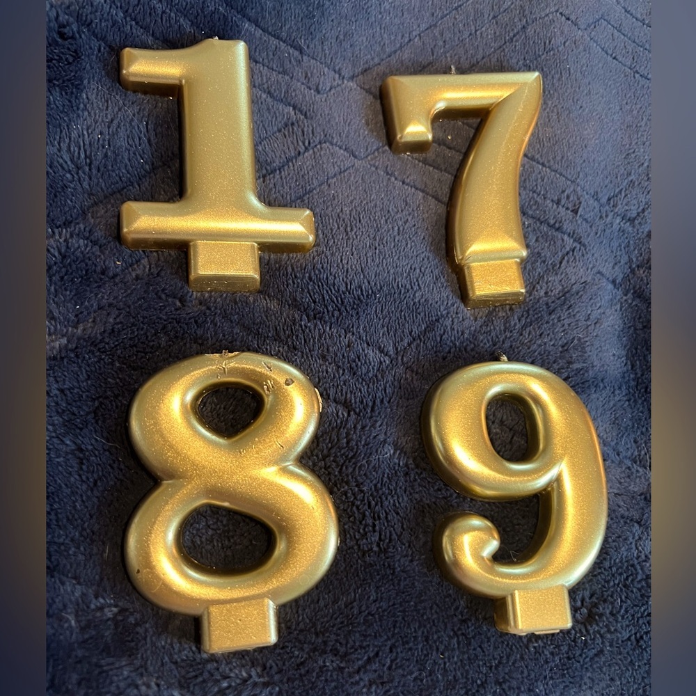 Numbered cake candles. Gold colored, 3” high